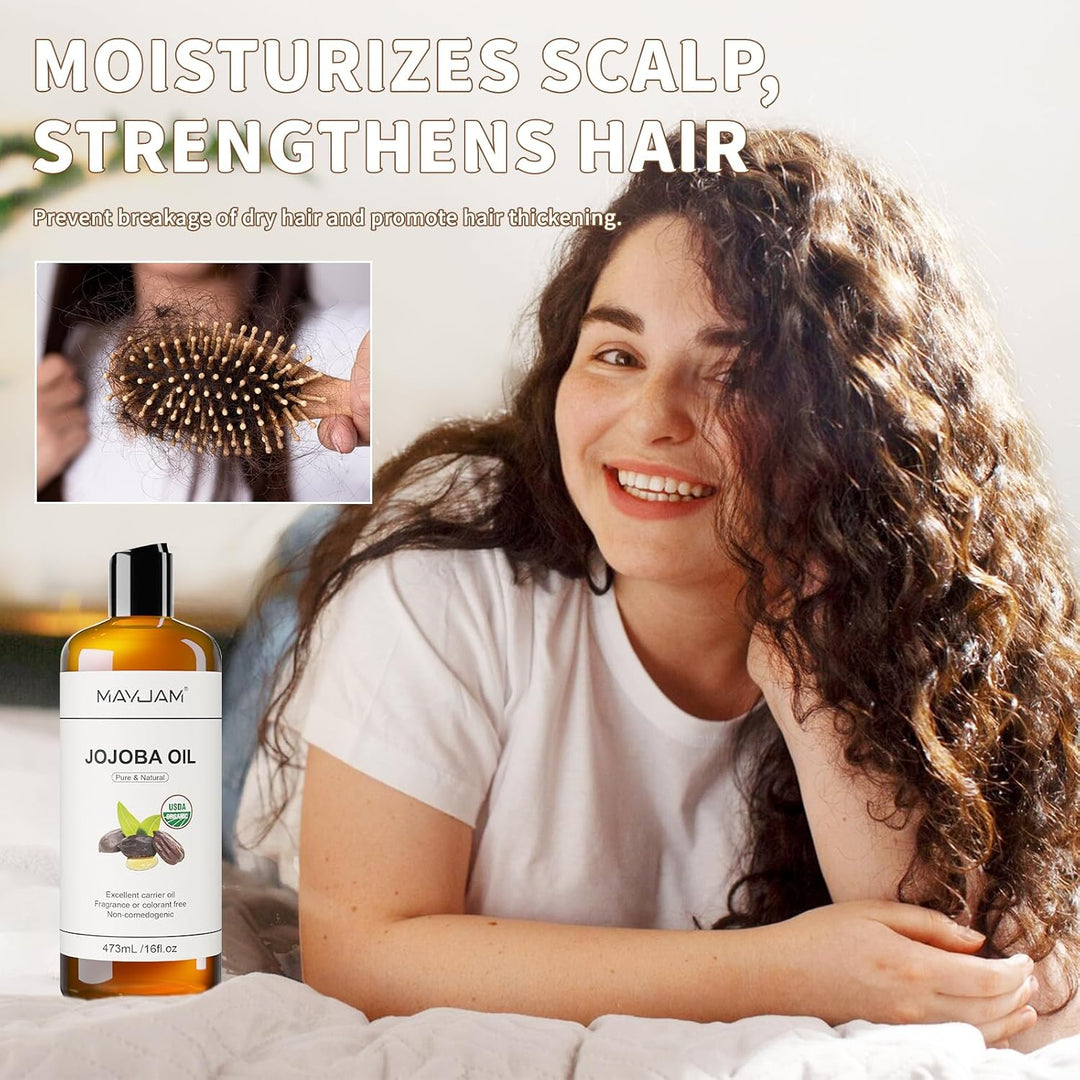 MAYJAM Jojobaöl Bio 473ML, Körperöl für Für Gesicht, Haut, Haare, Haaröl Jojobaöl Kaltgepresst Reine