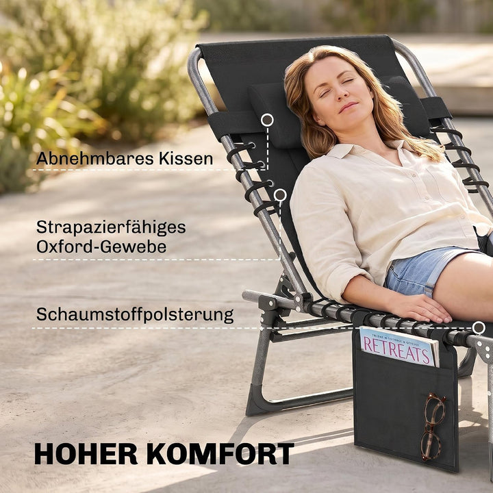 Outsunny Sonnenliege Klappbare Gartenliege Kopfkissen Seitentasche Schwarz | Liegestuhl, 5-Fach Vers