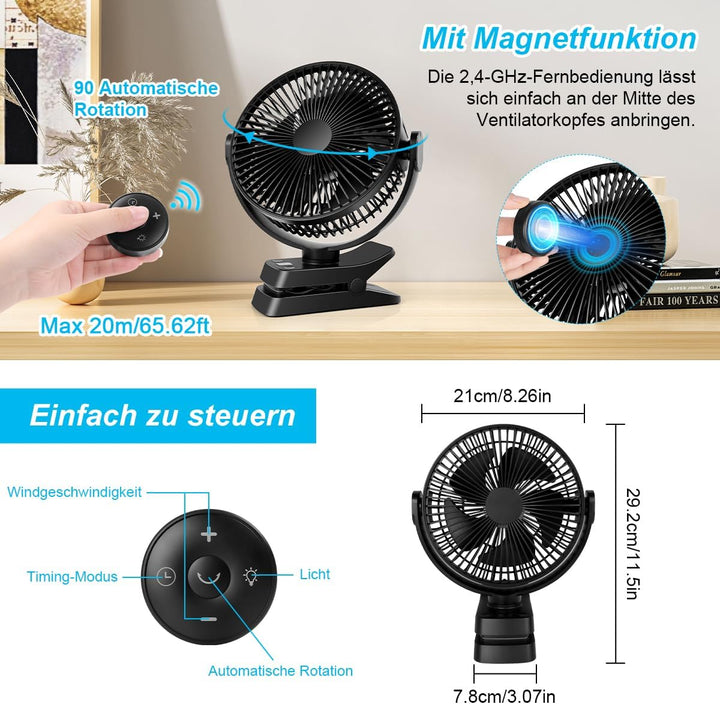 ELZO Tischventilatoren Camping Ventilator, 21cm/8.26 Zoll, 12000mAh Wiederaufladbarer USB Ventilator