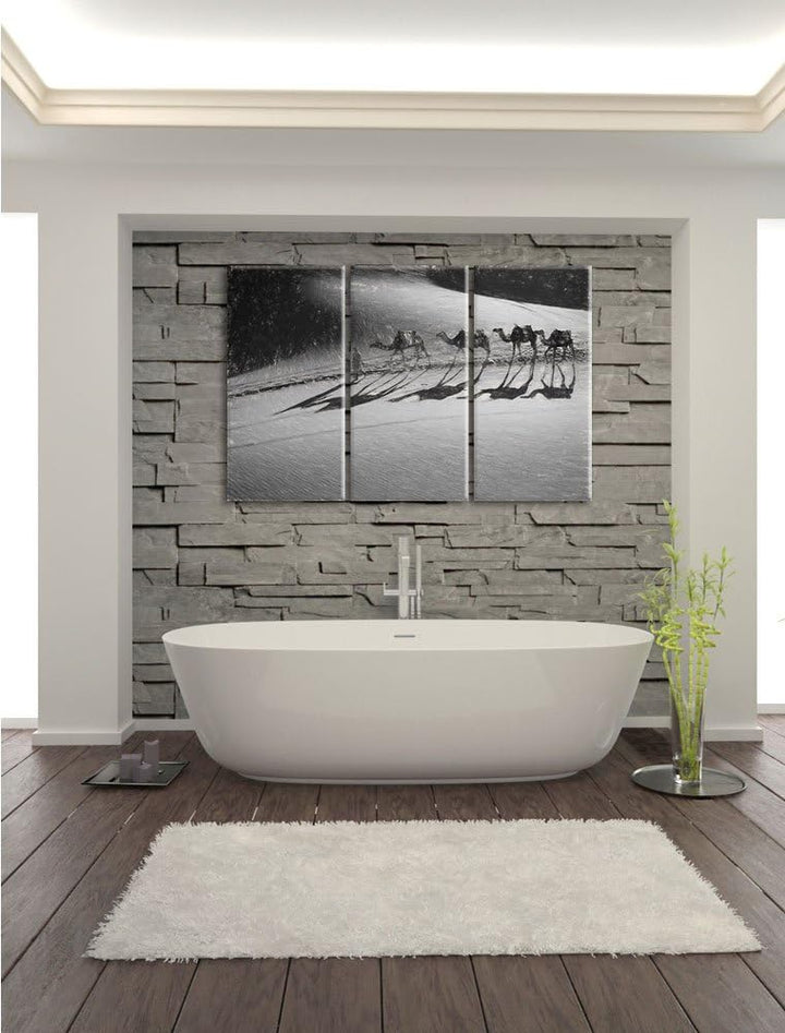 Pixxprint Kamelkarawane in Wüste als Leinwandbild/Grösse: 3 Teilig (120x80) cm/Wandbild/Kunstdruck/f