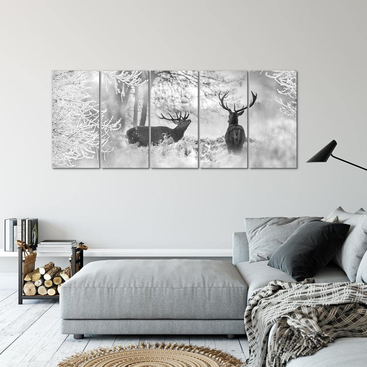 Runa Art Wandbild XXL Winter Hirsch Wohnzimmer Schlafzimmer 200 x 80 cm Schwarz Weiss 5 Teilig - Mad