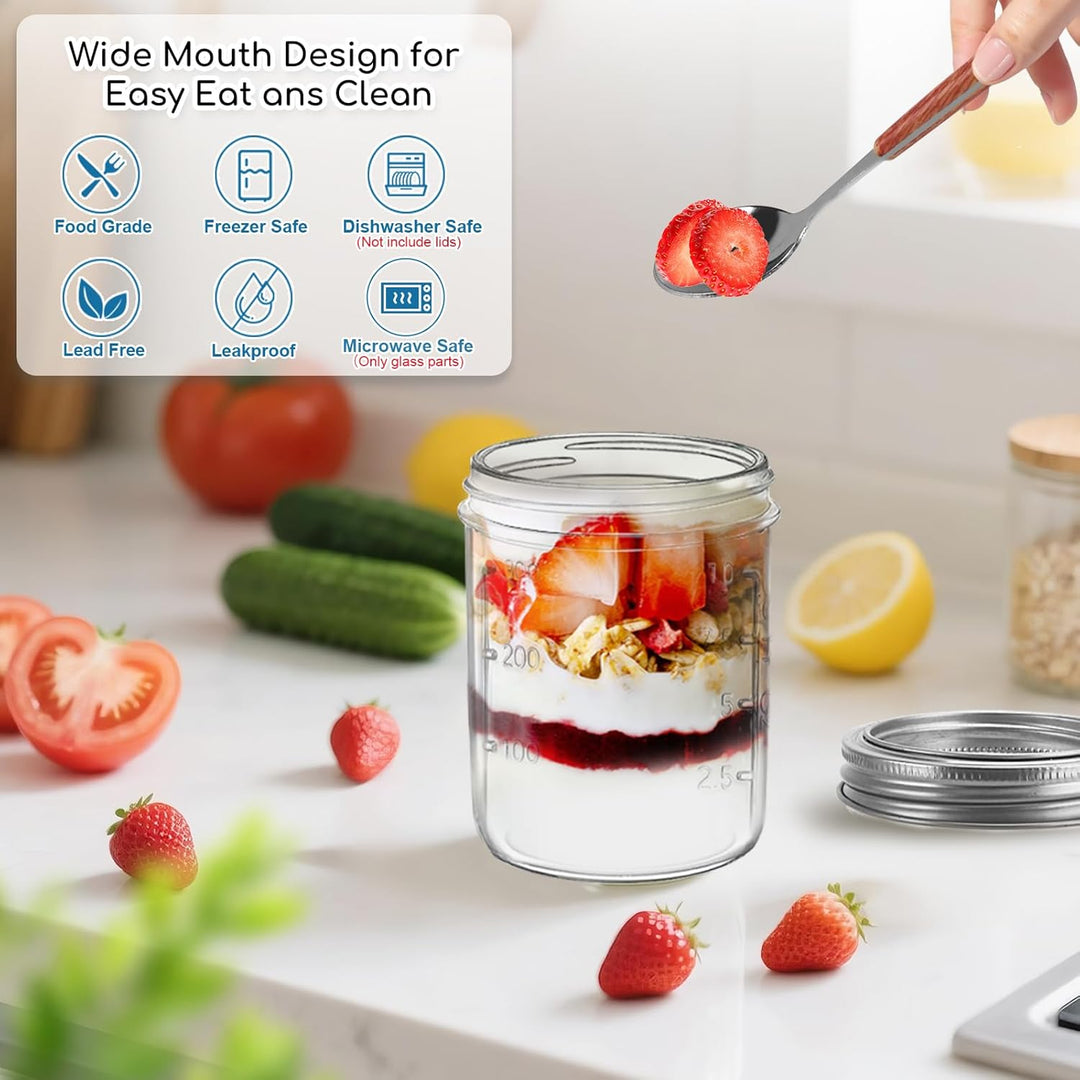 4er Overnight Oats Gläser 400ml+100ml, Joghurtbecher to go mit Doppelschicht-Design und Edelstahlöff
