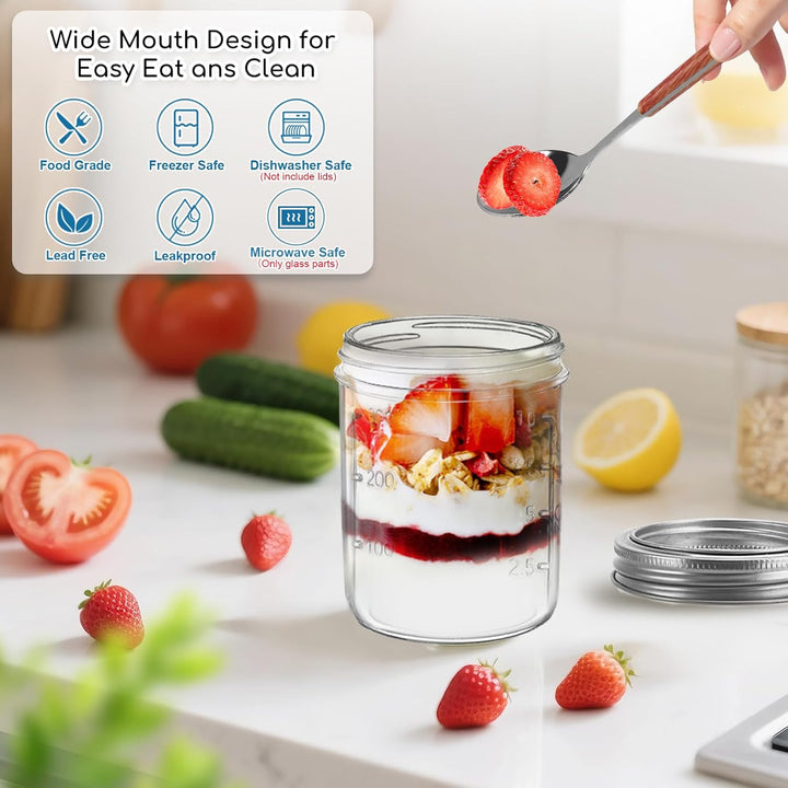 4er Overnight Oats Gläser 400ml+100ml, Joghurtbecher to go mit Doppelschicht-Design und Edelstahlöff