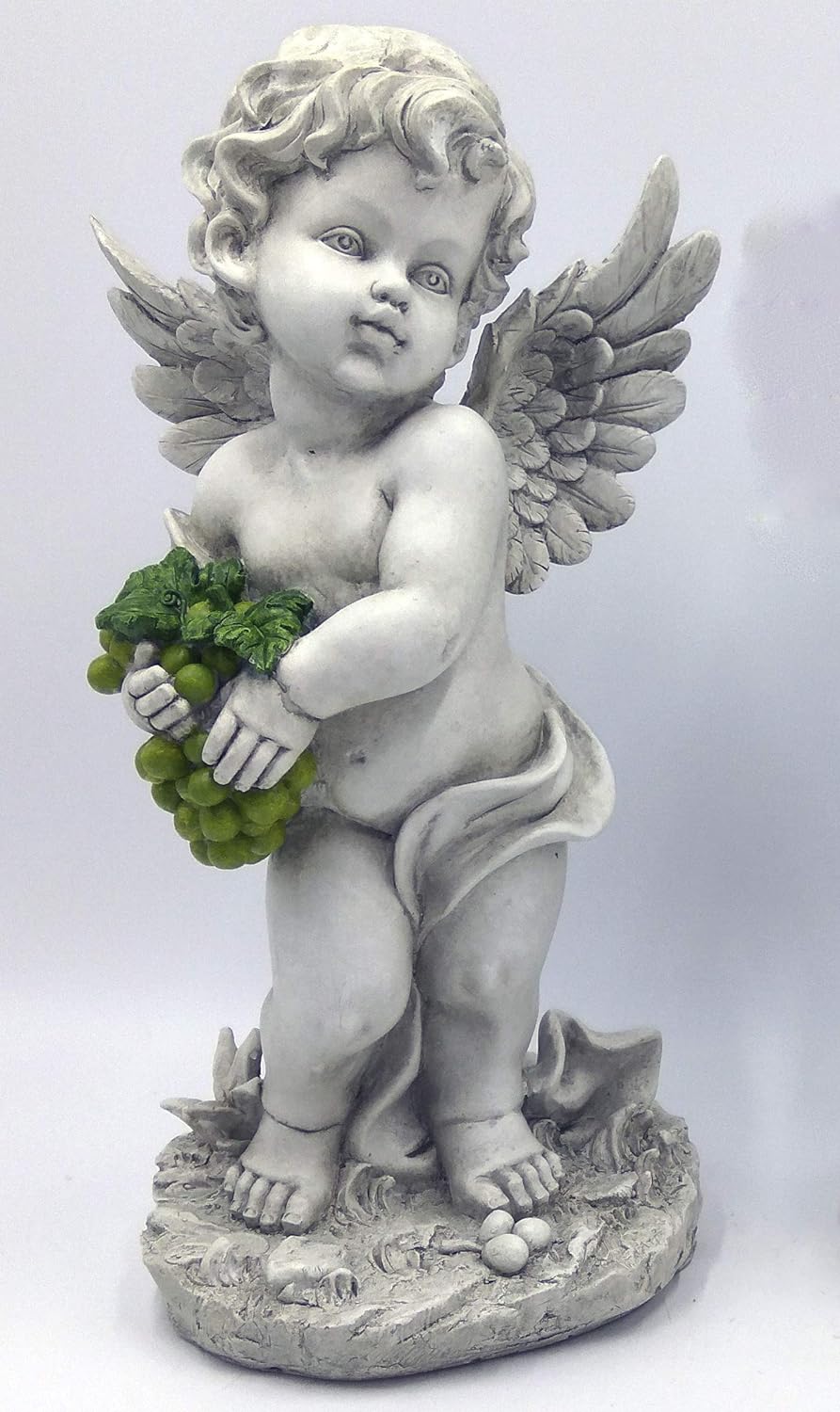 GeKi Trend Engel Figur mit Weintraube Dekofigur Putte frostfest Gartendeko antik weiss Grabengel wet