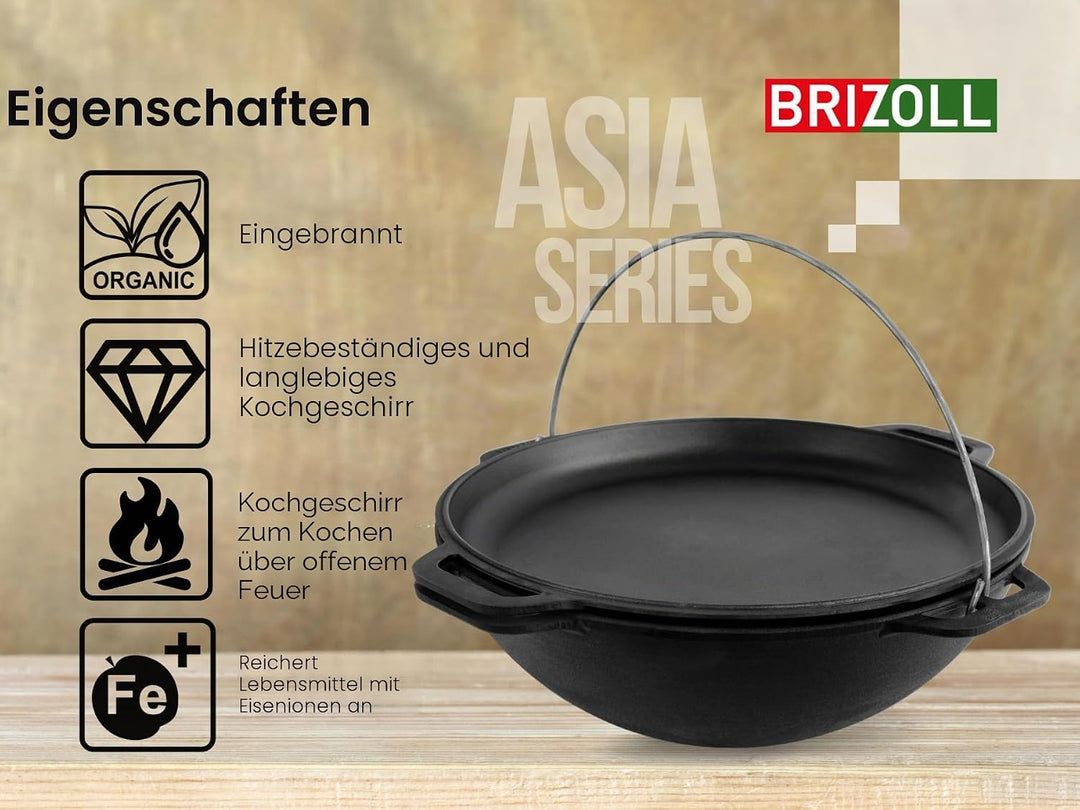 Brizoll Kazan Gusseisen Asian, mit Deckel, Bratpfanne, Dutch Oven, 8 l, Schwarz (KA08-3)