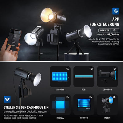 NEEWER MS150B 130W LED Videoleuchte Studiolicht mit 2,4G/APP Fernbedienung COB Bi Farbe Studio Dauer