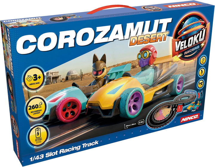 Ninco - Velokú Racers Desert Slotcar Bahn | Kompakte 2,60 m Strecke mit LED-Autos | Leuchtendes Renn