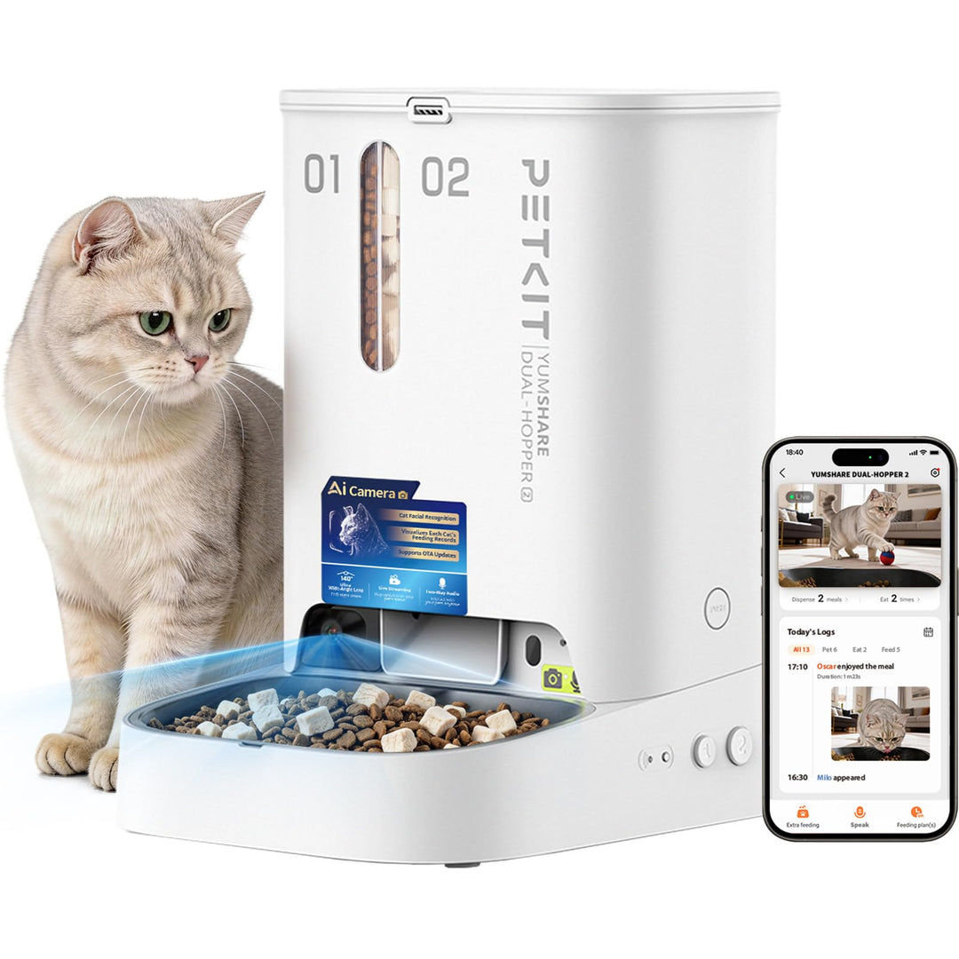 PETKIT YumShare Dual-Hopper 2 Futterautomat Katze 2 Näpfe Mit Kamera, Gesichtserkennung für Mehrere