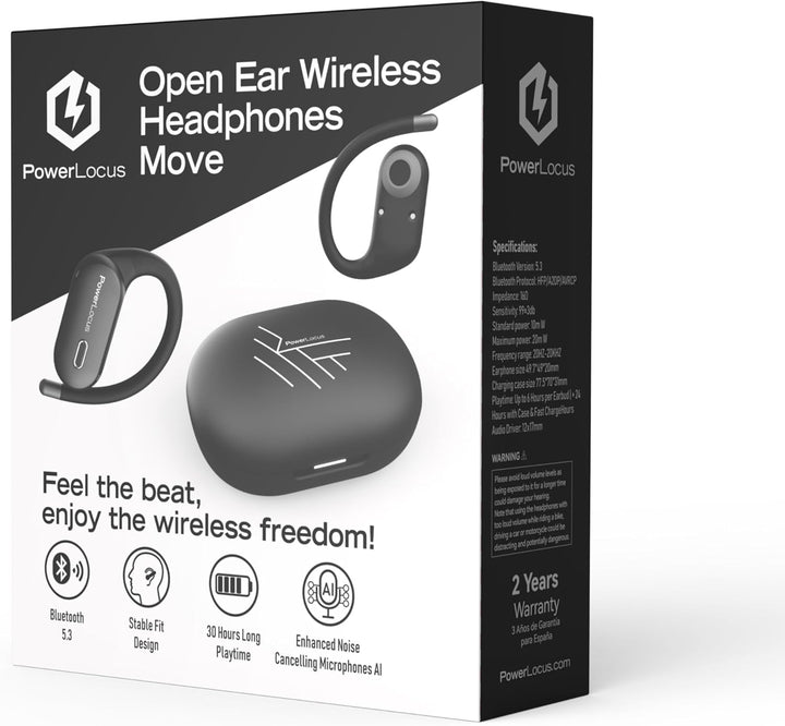 PowerLocus Kabellose Sport-Kopfhörer, Open-Ear Kopfhörer mit flexiblem Ohrbügel, Stereo-Sound, wasse