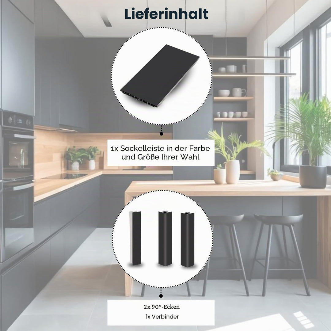 Evotrade Küchensockel – Sockelleiste L 2,5 m aus PVC | Höhe und Farben wählbar + Zubehör (2 Eckkappe
