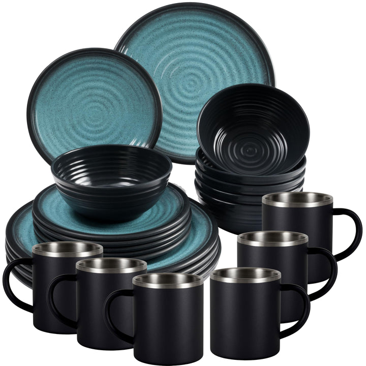 Melamin Geschirr Set Blau Schwarz mit Edelstahl Thermo Tassen doppelwandig - Tonoptik Essgeschirr -