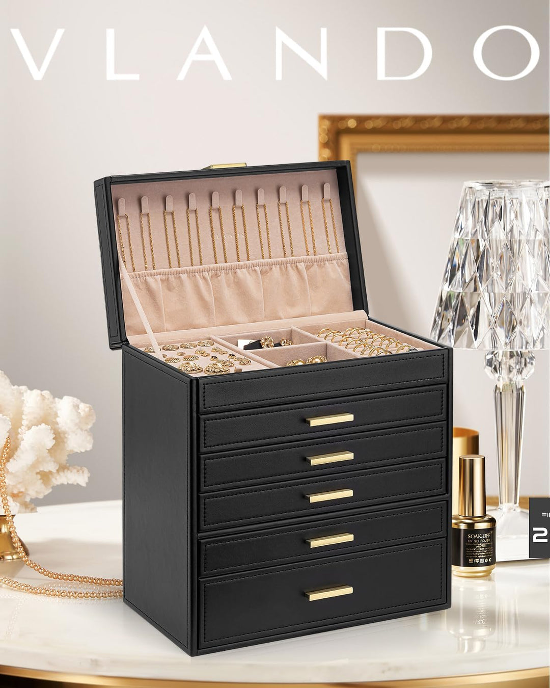 Vlando Modern Schmuckkasten Gross, Schmuckkästchen mit 6 Ebenen, Geräumige Schmuckschatulle Damen, f