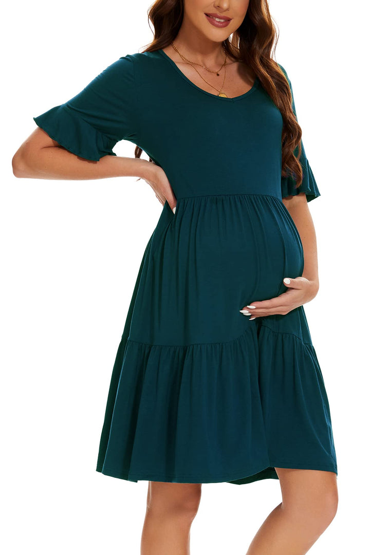 Smallshow Damen Umstandskleid Kurzarm Sommer Schwangerschafts Umstandsmode Kleid S Blaugrün, S Blaug