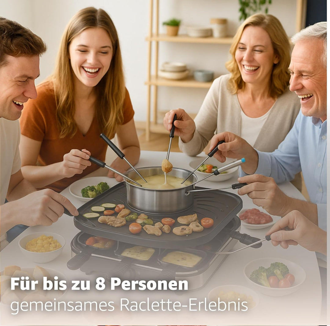 Raclette Fondue Set für 8 Personen mit Pfännchen & Schaber - Rostfrei & Regulierbar (Fondue Set), Fo
