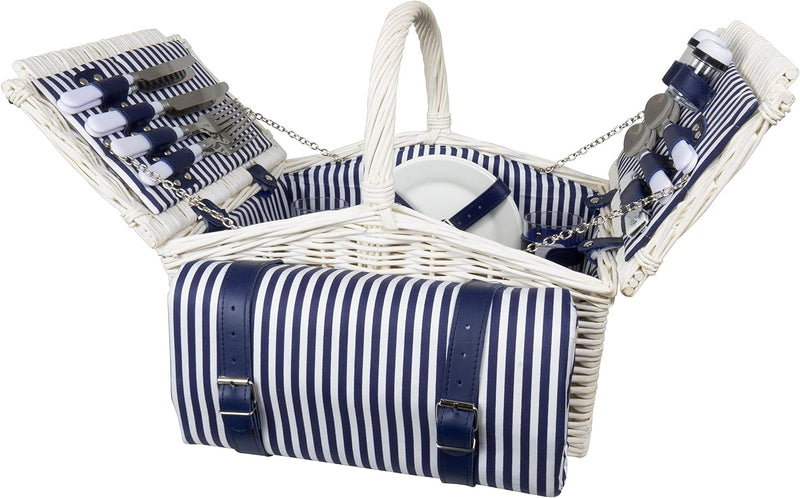 Trendyshop365 Picknickkorb Set 25-teilig mit Geschirr für 4 Personen und Picknickdecke Blau-Weiss, 4