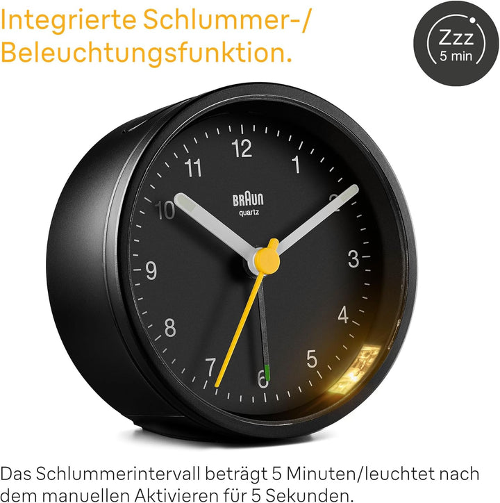 Braun Klassischer analoger Wecker mit Schlummerfunktion und Licht, ruhiges Quarzuhrwerk, Crescendo-A