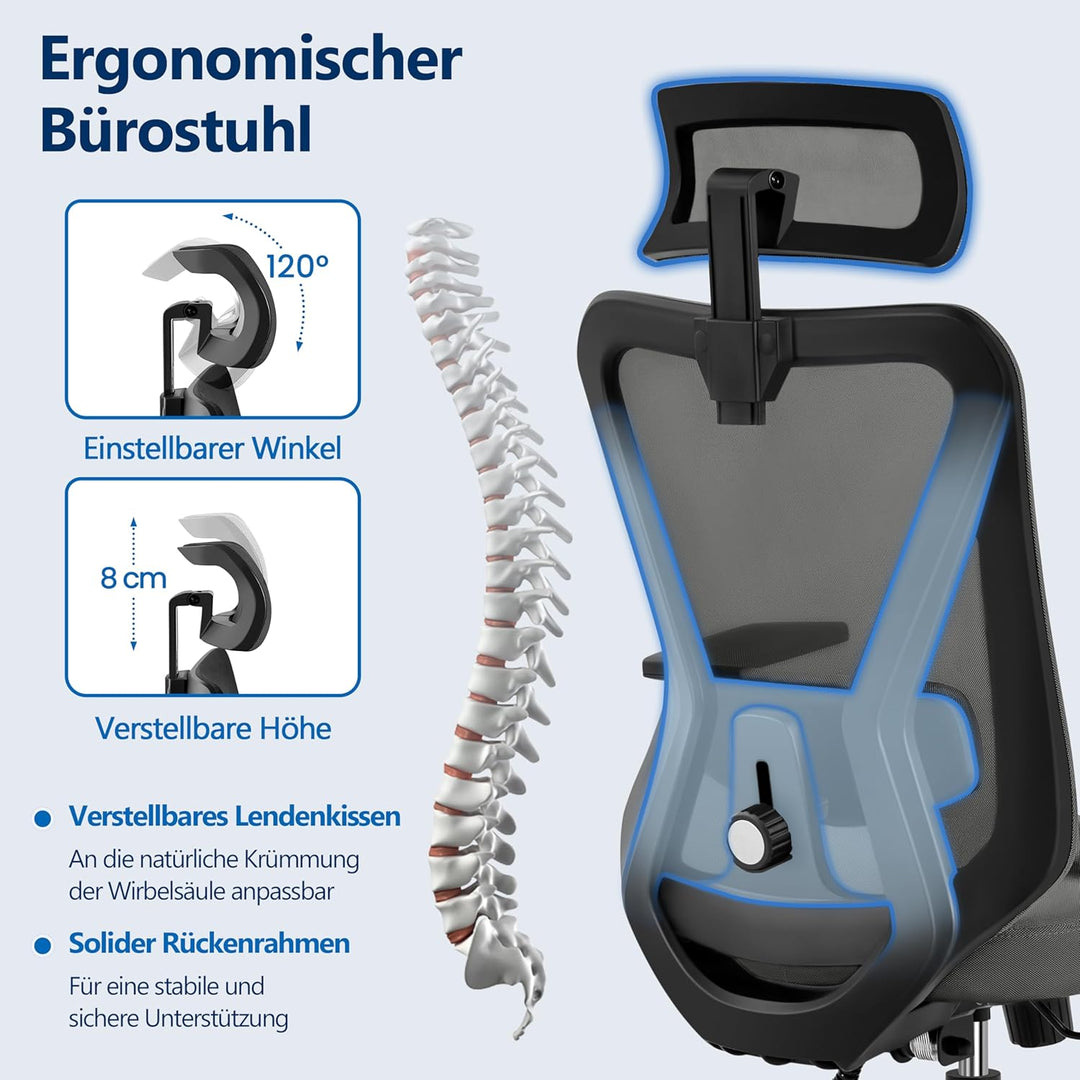 Yaheetech Bürostuhl Ergonomisch, Schreibtischstuhl mit Verstellbarer Kopfstütze, Armlehnen, Lendenwi