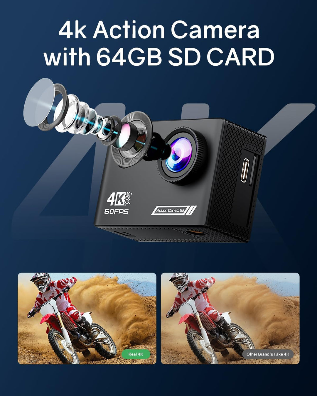 TIMNUT 4K60FPS Action Kamera, 40M wasserdichte Action Cam Unterwasserkamera mit 64 GB SD-Karte, 6-Ac