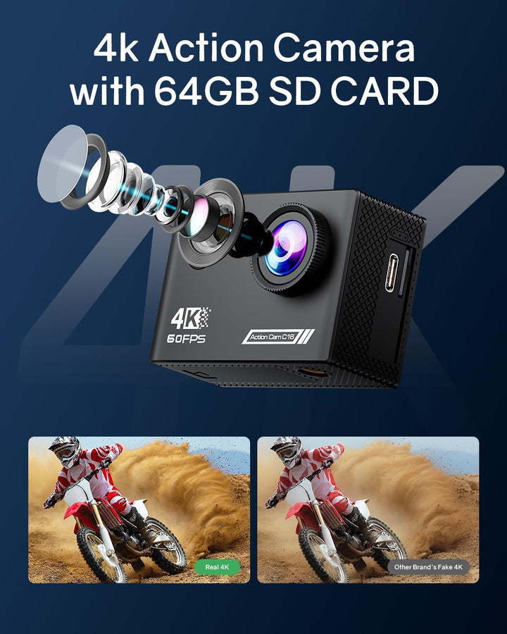TIMNUT 4K60FPS Action Kamera, 40M wasserdichte Action Cam Unterwasserkamera mit 64 GB SD-Karte, 6-Ac