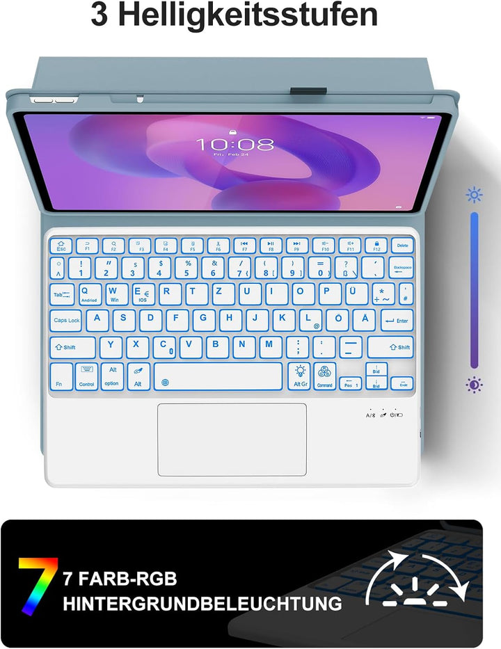 JADEMALL Für Lenovo Idea Tab 11 Hülle mit Touchpad &amp; Beleuchtung QWERTZ | Mit 7-Farben Beleuchtung &amp;