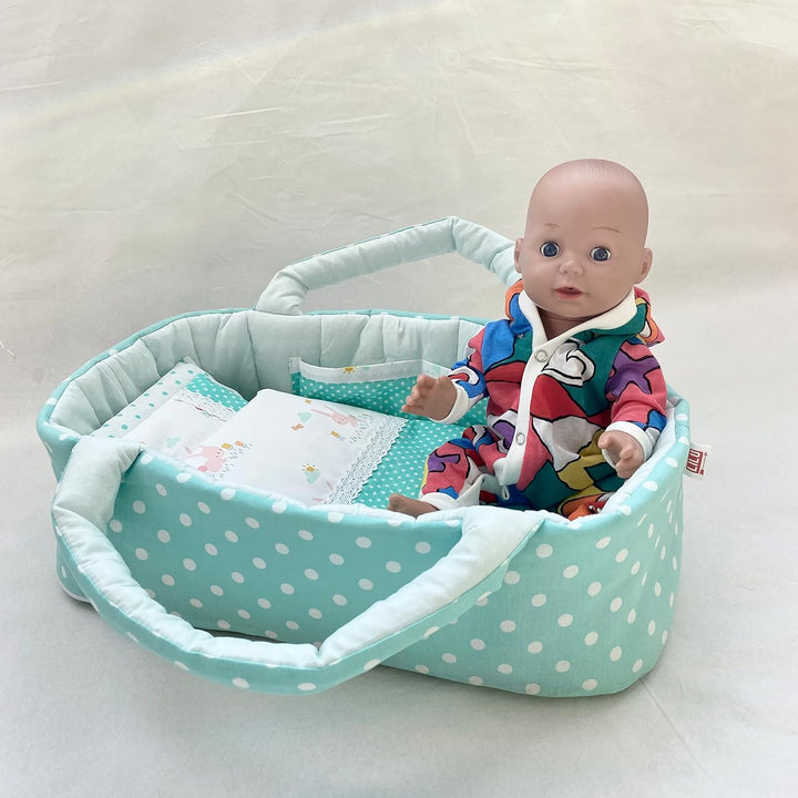 Puppentragetasche für Puppen 45-50 cm mit Bettwäsche, Pastell Grün, Hasen, Polka Dot, Baumwolle, Was