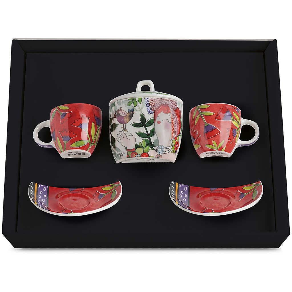 Egan Set 2 Tassen Kaffee + Zuckerdose Le Puppe Rot