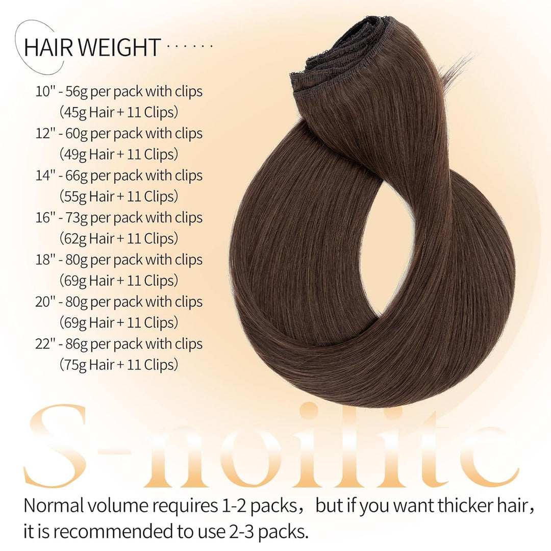 S-noilite Clip in Extensions Echthaar Dunkelbraun 25cm 56g Extensions Clip in Echthaar Haarverlänger
