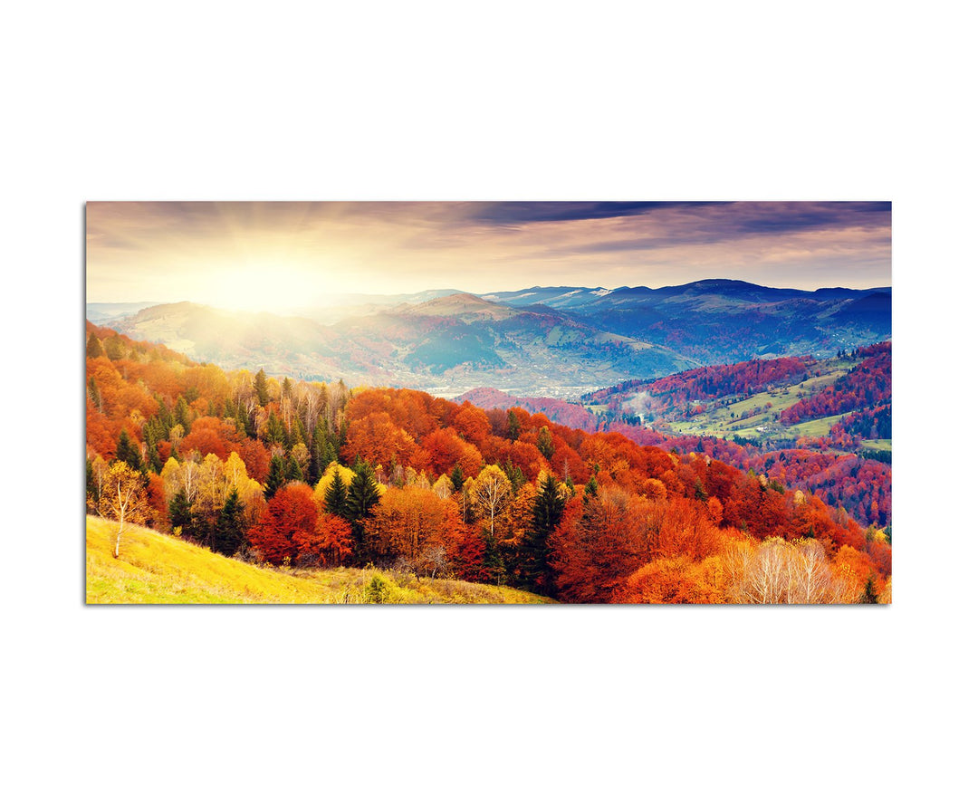 Paul Sinus Art 120x80cm - WANDBILD Berge Wiese Herbstwald Landschaft - Leinwandbild auf Keilrahmen m