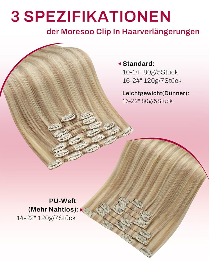 Moresoo Clip in Extensions Echthaar Blond Extensions Clip Echthaar Remy Goldblond mit Mittelblond Ha