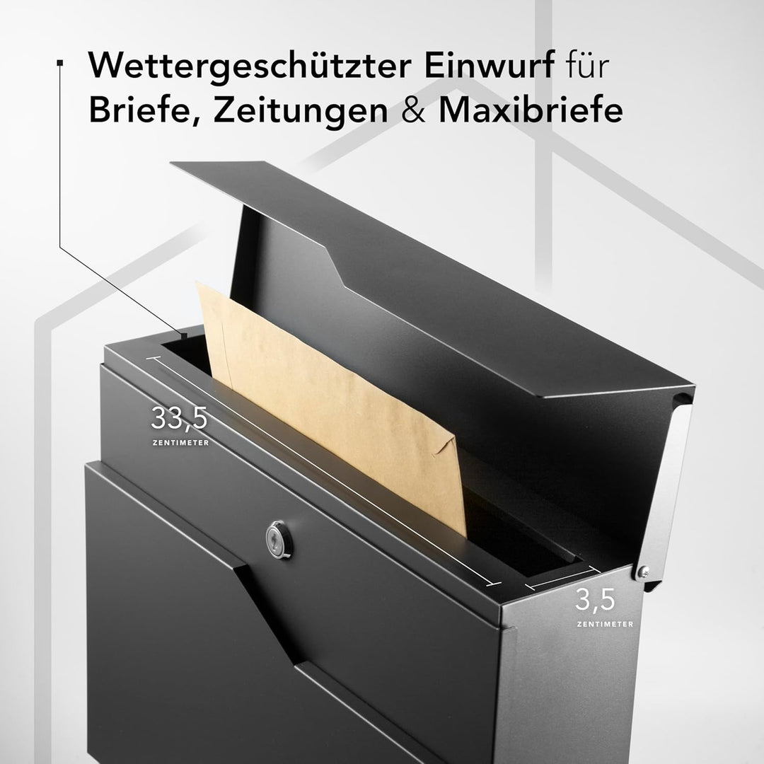 Moderner Briefkasten Personalisierbar Tokio Anthrazit RAL7016 - mit Zeitungsfach - Wandbriefkasten m