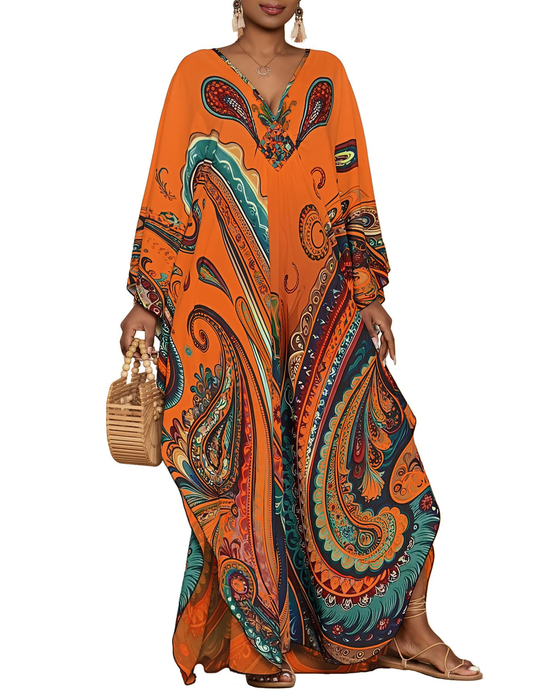 Bsubseach Damen Kaftan Kleider Batwing Sleeve Strandkleid V-Ausschnitt Caftan Maxi Kleid Sommer A-Or
