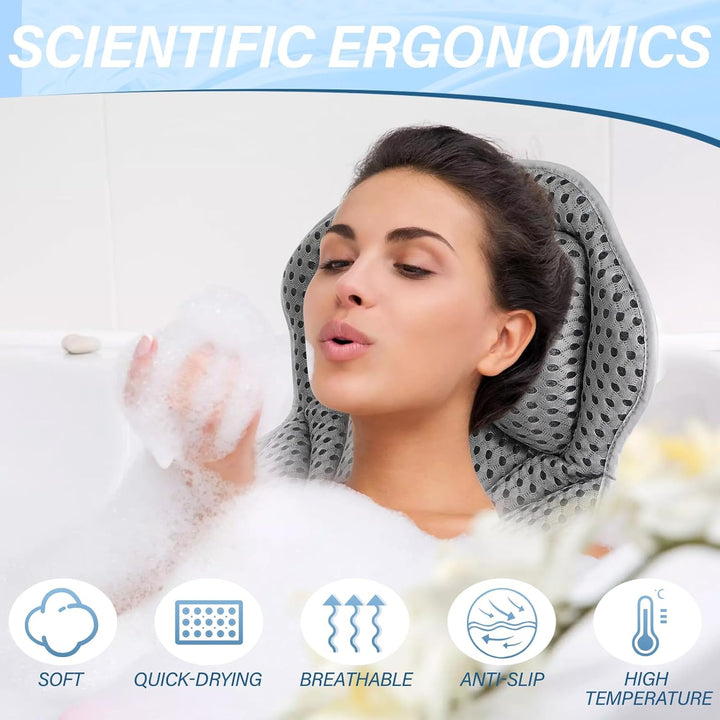 Zikenis Badewannenkissen mit 2 Starken Saugnäpfen, Badekissen für Badewanne mit 4D-Air-Mesh-Technolo