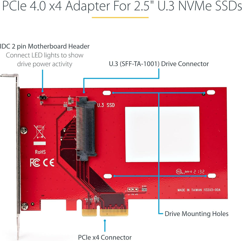 StarTech.com U.3 PCIe Adapter Karte - PCIe 4.0 x4 Adapter für 2.5 Zoll U.3 NVMe SSDs - SFF-TA-1001 P