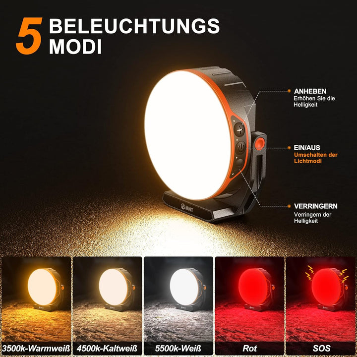 EMNT LED Campinglampe 10000mAh Akku Camping Laterne mit USB C Aufladbar, 5 Lichtmodi, Stufenloses Di