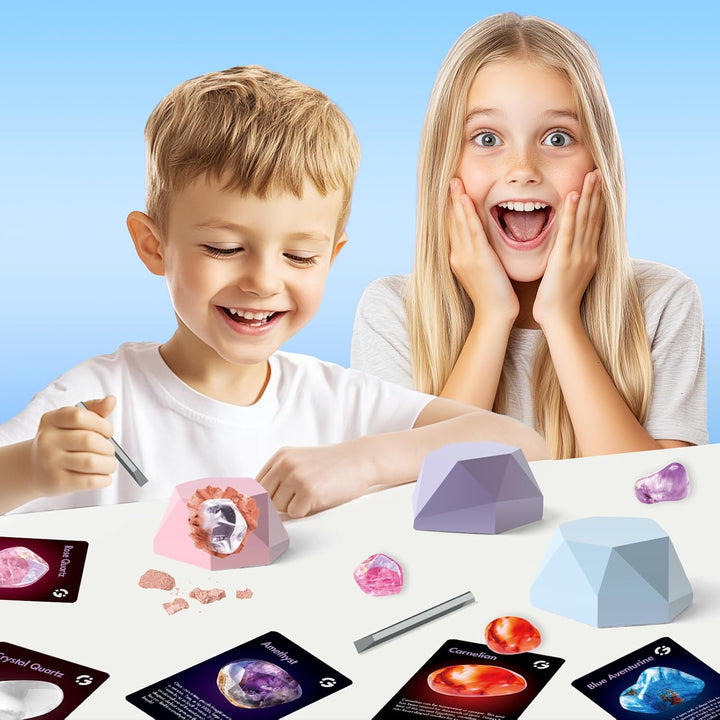 Gamerside Edelstein Ausgrabungsset für Kinder – Mit 12 Edelsteinen und Kristallen zum Ausgraben | Au