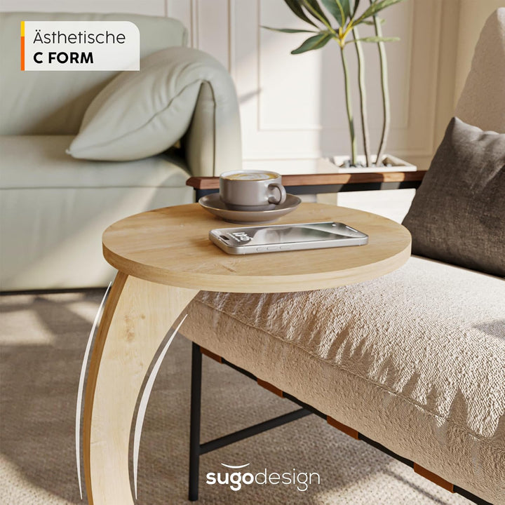 sugodesign Couchtisch mit Rollen, Kleiner Beistelltisch C Form, stylischer Sofatisch in schöner Eich