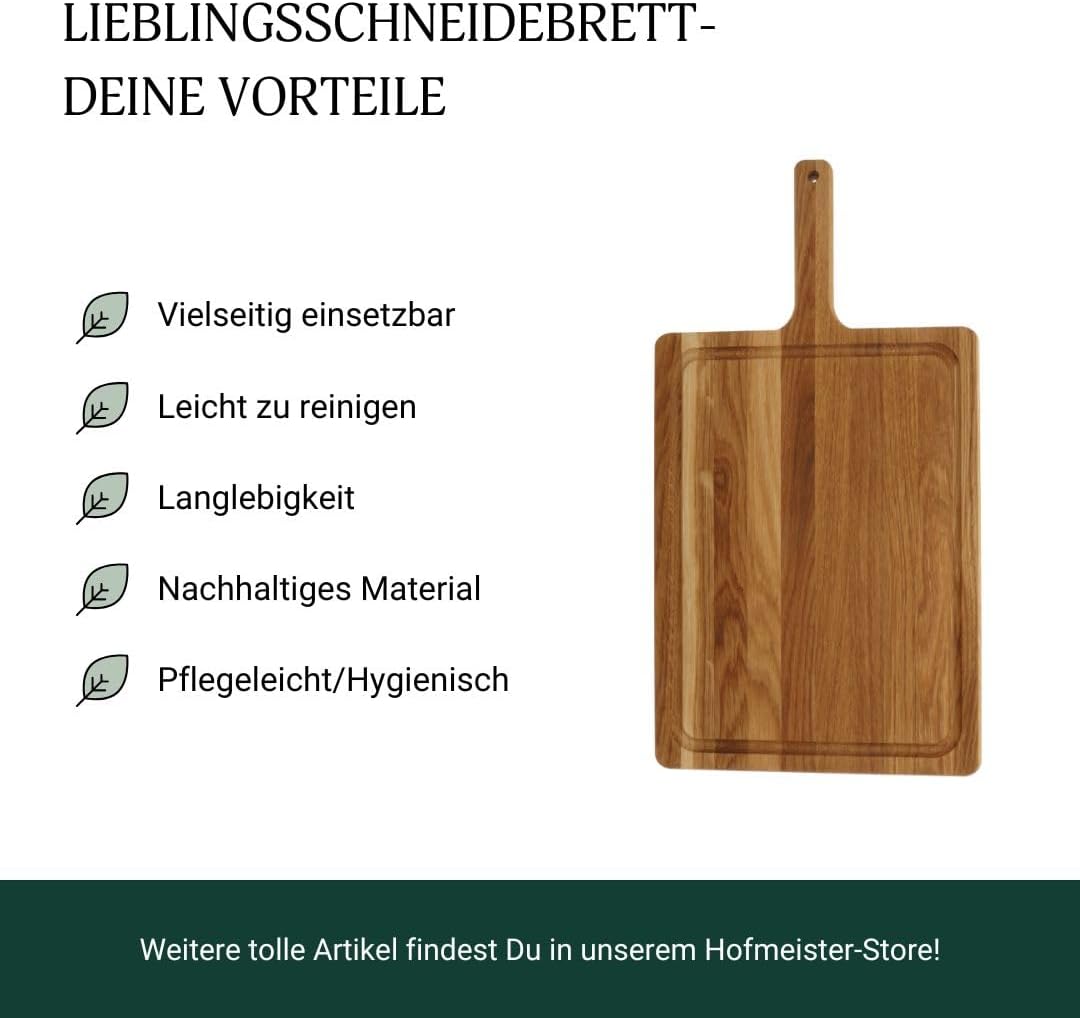 HOFMEISTER® Schneidebrett mit Griff aus Eiche Massivholz, 42,5 cm, nachhaltig aus der EU, Servierbre