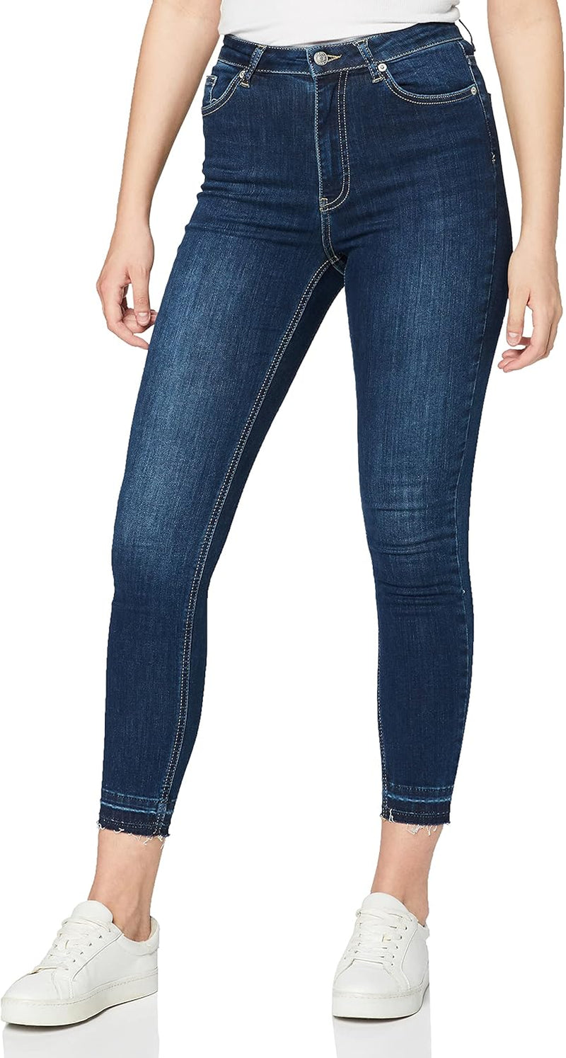 NA-KD Damen Skinny High Waist Open Hem Jeans, dunkelblau, 32 EU