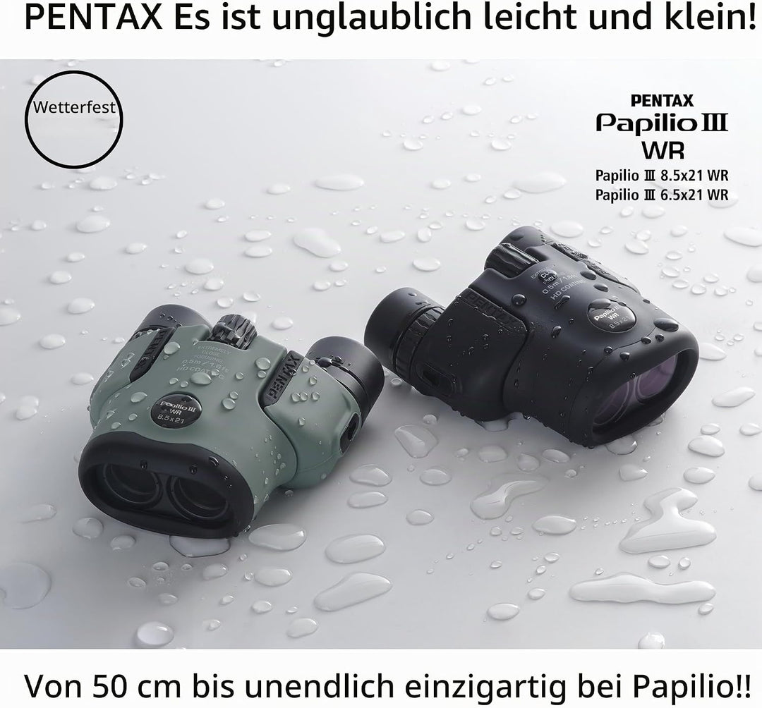 Pentax Papilio III Fernglas, 8,5 x 21, wetterfest, Schwarz, Fokus 50 cm, spritzwassergeschützt, Muse