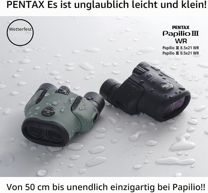 Pentax Papilio III Fernglas, 8,5 x 21, wetterfest, Schwarz, Fokus 50 cm, spritzwassergeschützt, Muse