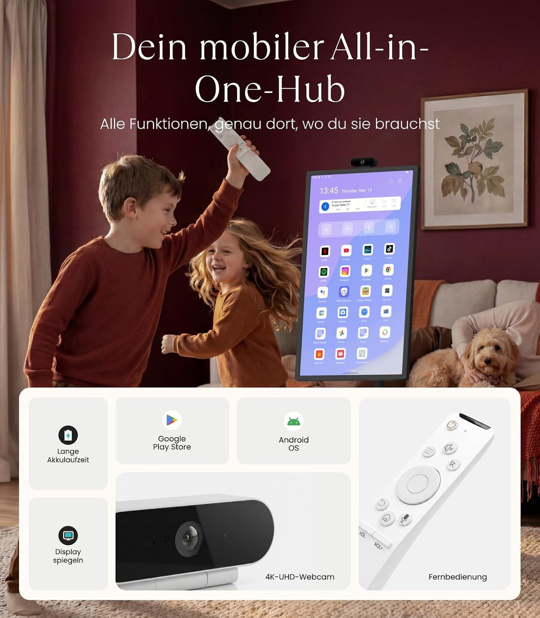 cozyla 32 Zoll Smart Portable TV mit integriertem Akku und Rollen Reinschwarz, Reinschwarz