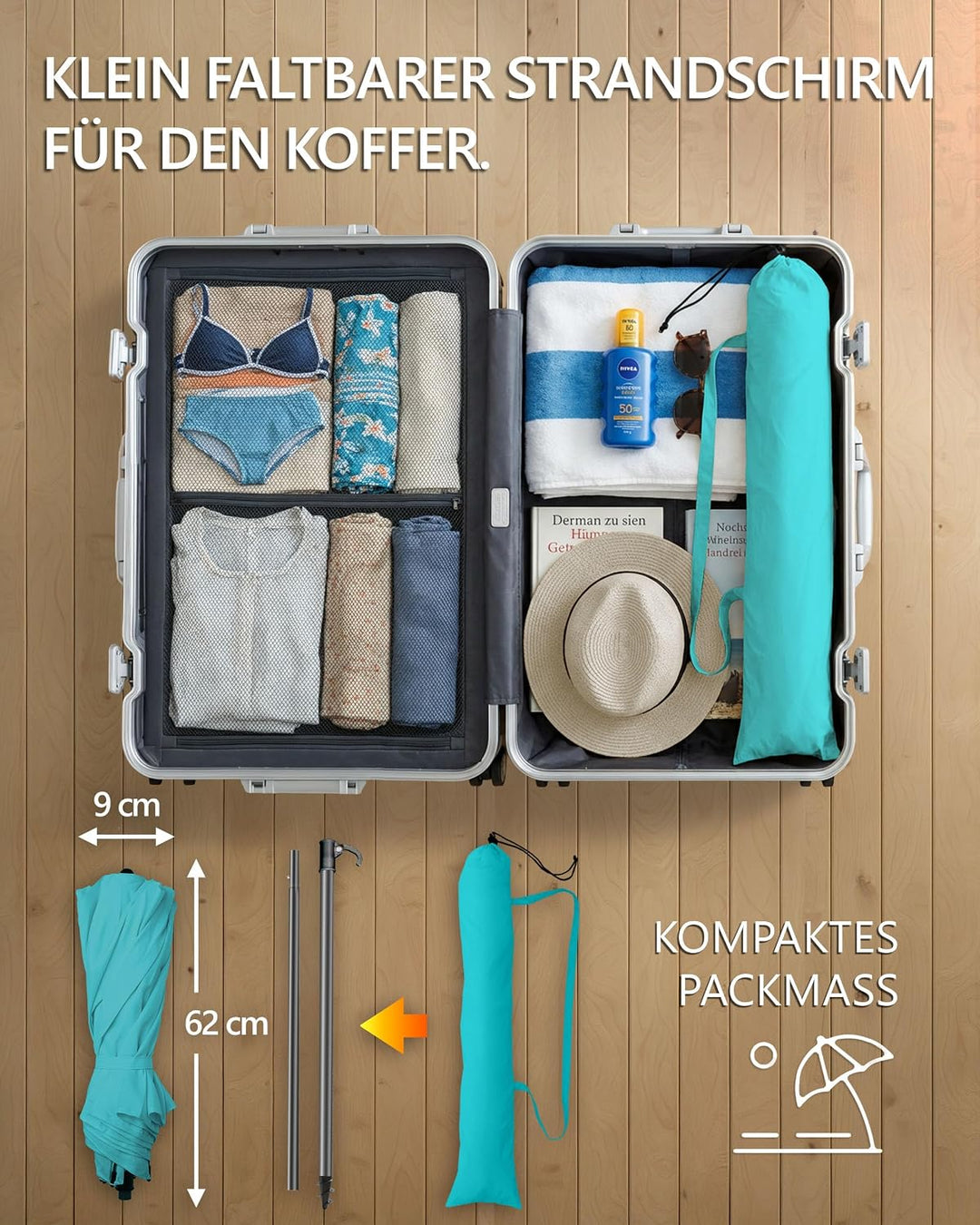 4smile Sonnenschirm Strand Ø 160 cm - UPF 50+ Praktischer Reise Sonnenschirm für Koffer - Funktionel