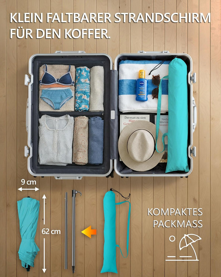4smile Sonnenschirm Strand Ø 160 cm - UPF 50+ Praktischer Reise Sonnenschirm für Koffer - Funktionel
