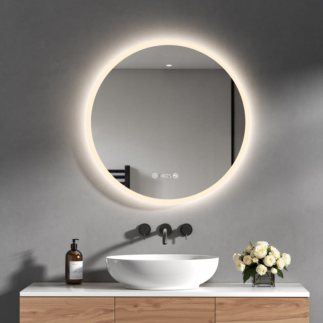 Heilmetz Badspiegel mit Beleuchtung Rund 60cm, LED Badezimmerspiegel mit Licht, Uhr, Antibeschlag, T