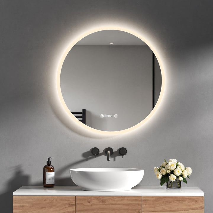 Heilmetz Badspiegel mit Beleuchtung Rund 60cm, LED Badezimmerspiegel mit Licht, Uhr, Antibeschlag, T