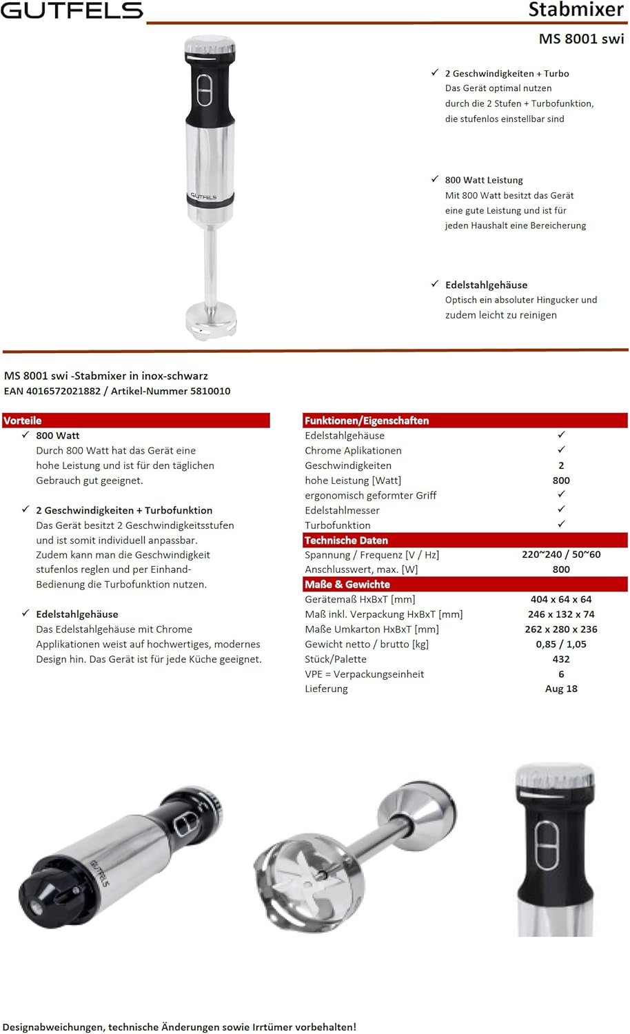 Stabmixer MS 8001 swi/Edelstahlgehäuse / 800 Watt / 2 Geschwindigkeiten + Turbofunktion/Edelstahl
