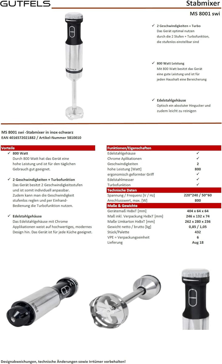 Stabmixer MS 8001 swi/Edelstahlgehäuse / 800 Watt / 2 Geschwindigkeiten + Turbofunktion/Edelstahl