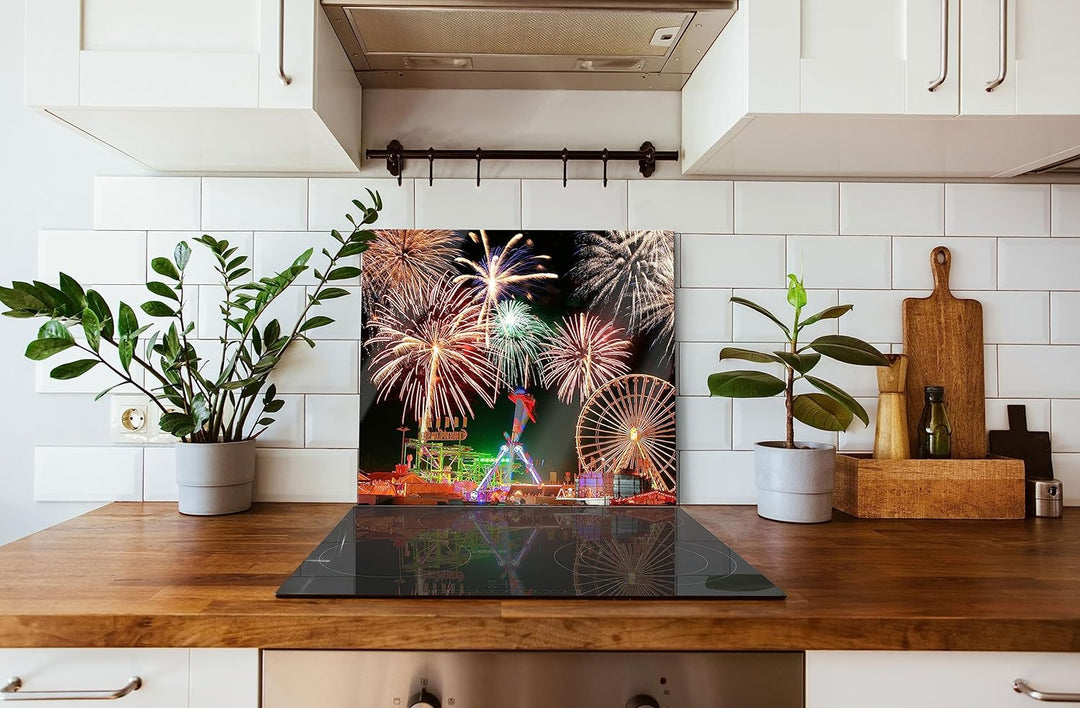 Silvester Riesenrad Feuerwerk Herdabdeckplatte & Spritzschutz aus Echtglas | Für Herd-Kochfelder | 6
