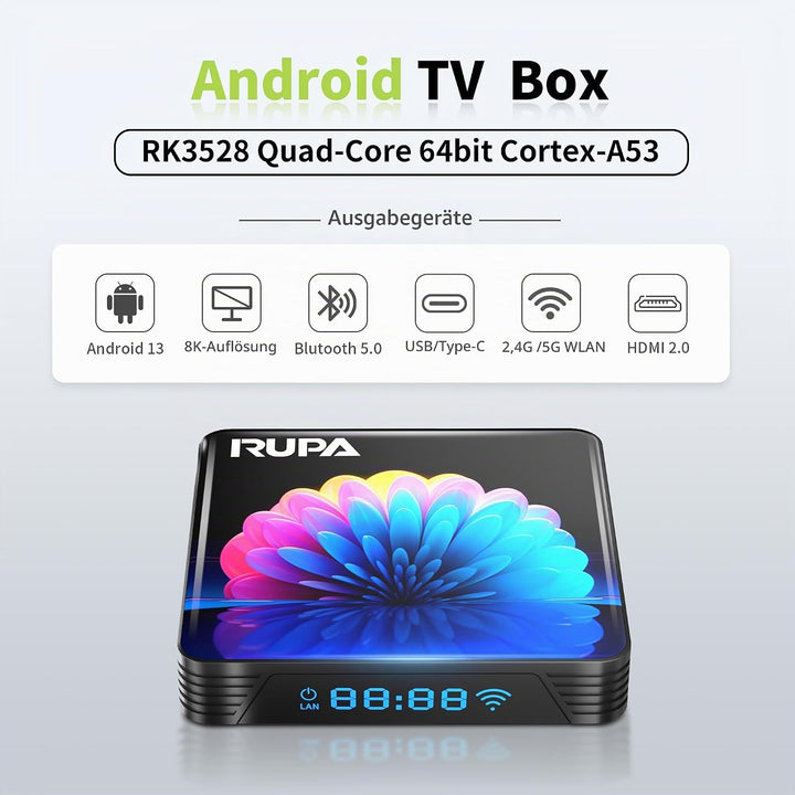 RUPA Android TV Box, 2025 8K Neueste Android Box 13.0 mit RAM 4G ROM 64G WiFi6 Enternet 10/100M Blue