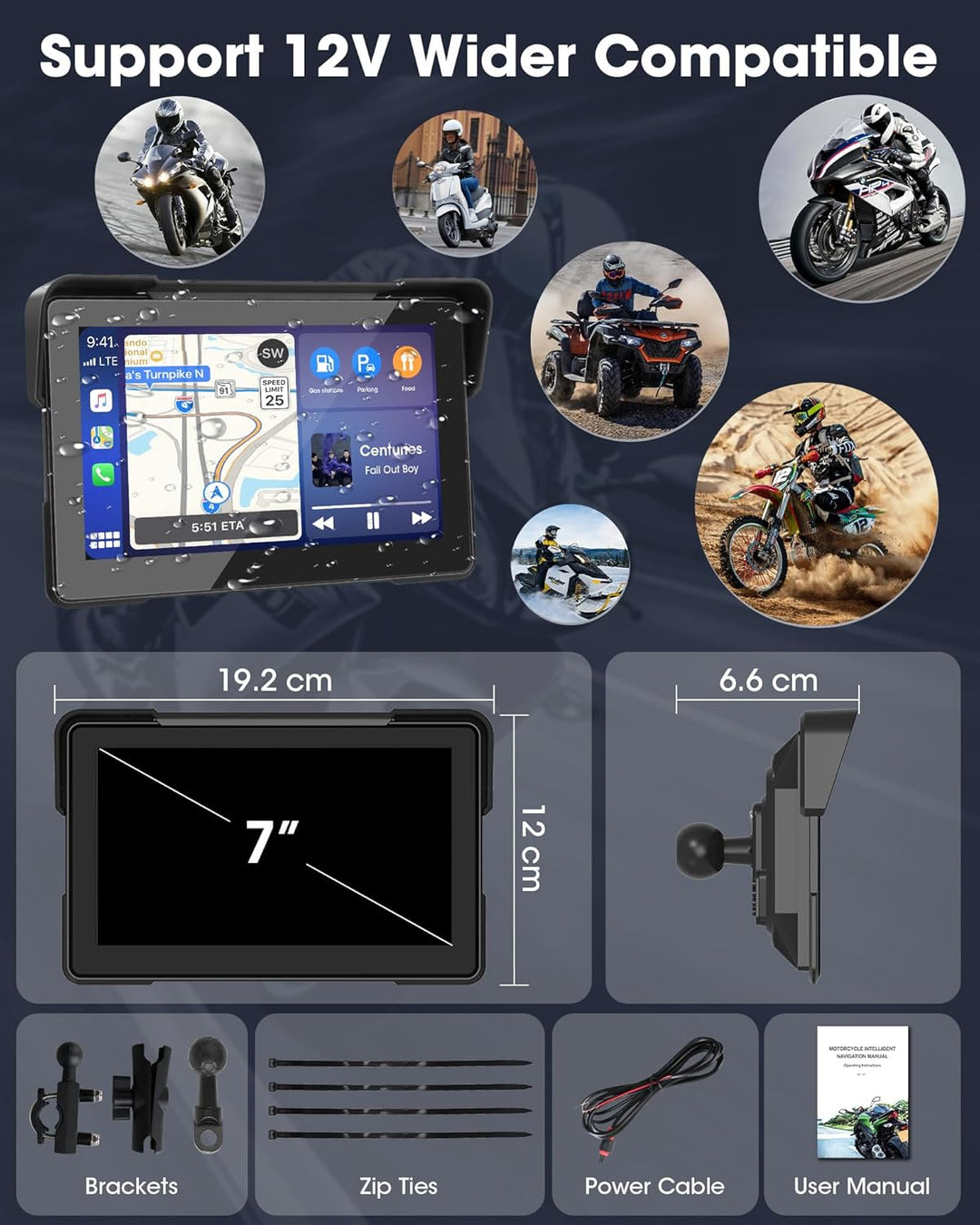 7 Zoll Motorrad Carplay Android Auto Motorrad Display für Motorräder, Navigationsgeräte mit Siri, G-